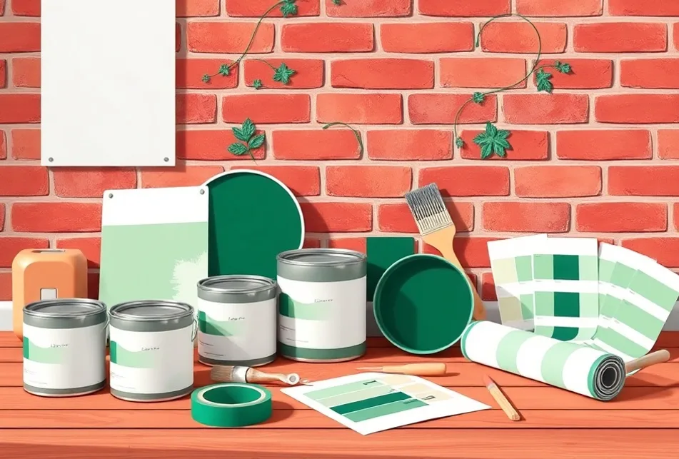 Pots de peinture, nuancier, brosses et rouleaux disposés à plat