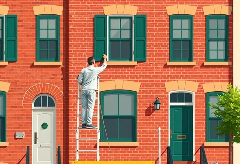 Peintre sur échafaudage traitant la façade d'une maison
